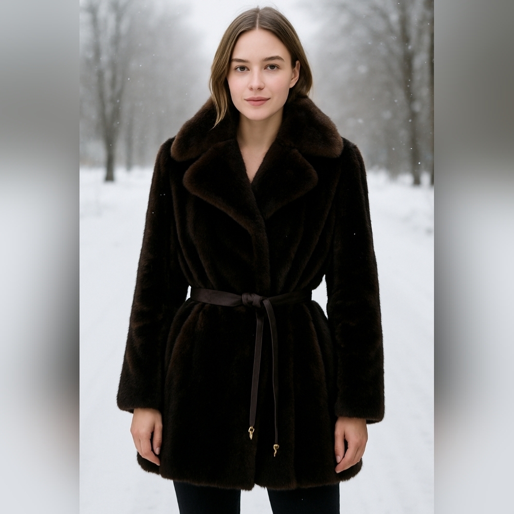 Vintage Tissavel Faux Fur Coat Brown Belted Luxe Plush Jacket Women